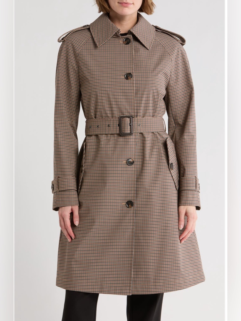 BCBG Classic Houndstooth Belted Trench Coat in Brown and Black